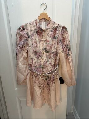 Floral Puff-Sleeve Silk Blouse Dress in Blush Pink small